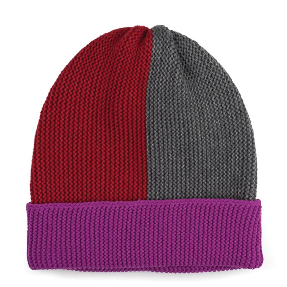 Color block Knit Hat Cap Red, Grey, Purple